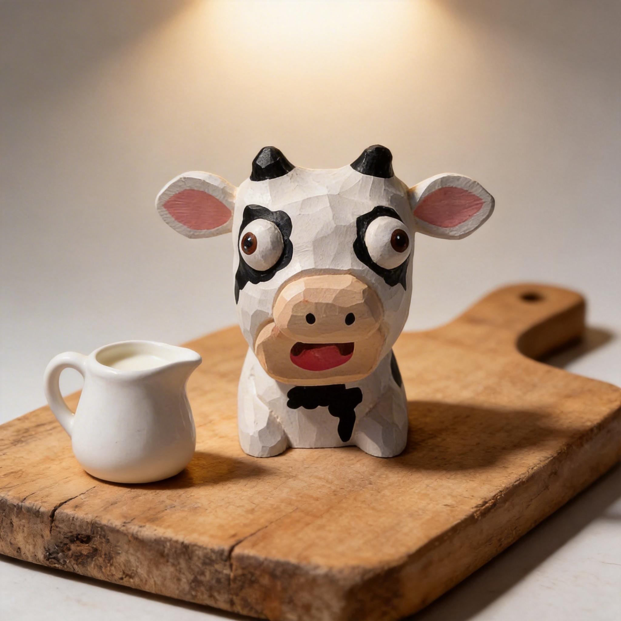 Hand Carved Wooden Cow Figurine Funny Farmhouse Decor Quirky Animal Art Unique House