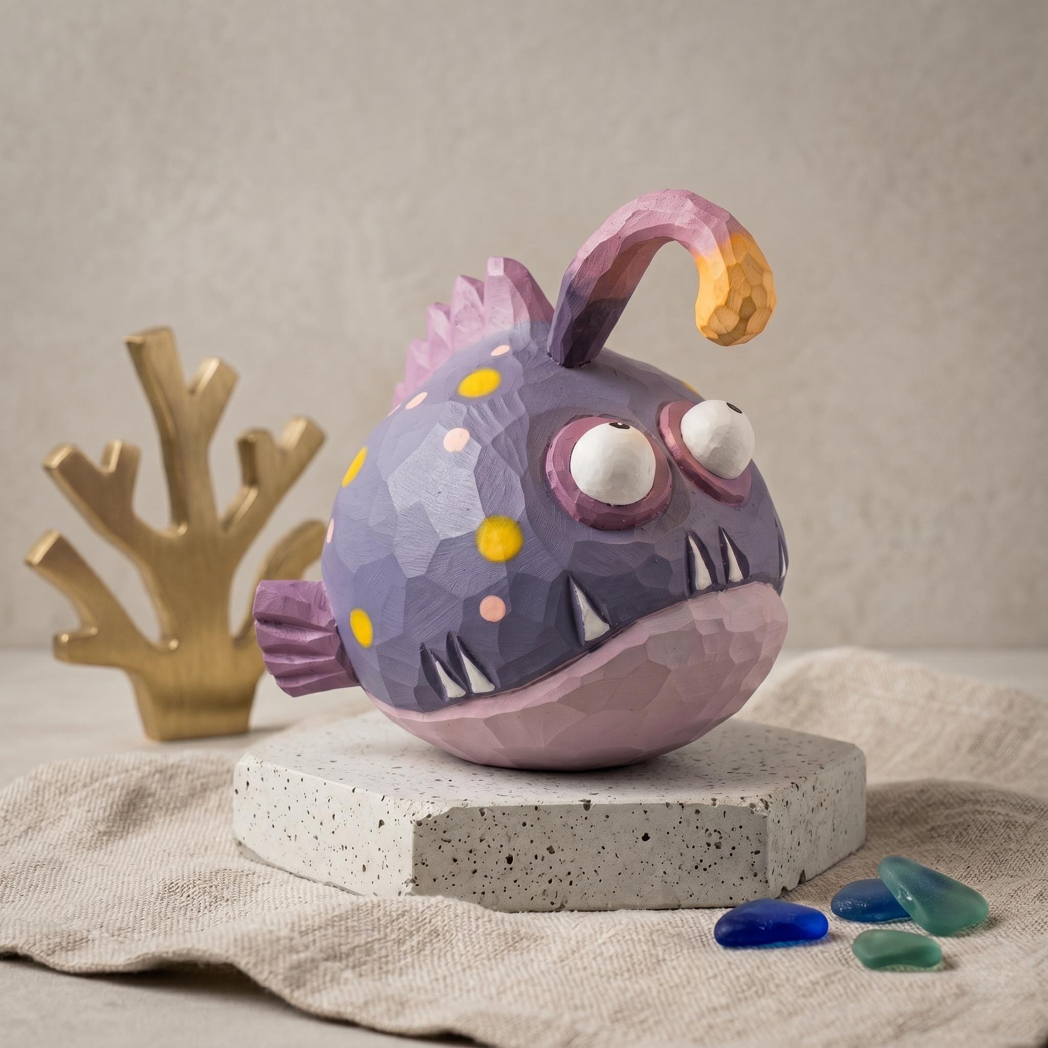 Wooden Anglerfish Figurine Hand Carved Deep Sea Fish Decor Polka Dot Desk Accessory