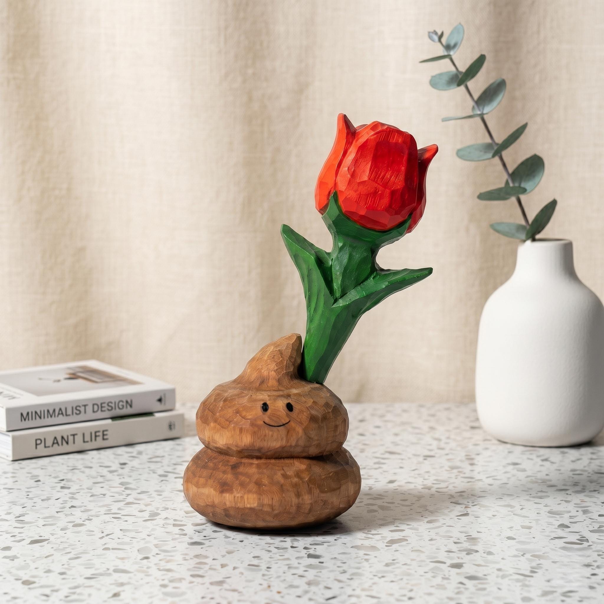 Wooden Poop and Tulip Figurine Hand Carved Flower Sculpture Desk Decor Funny Encoura