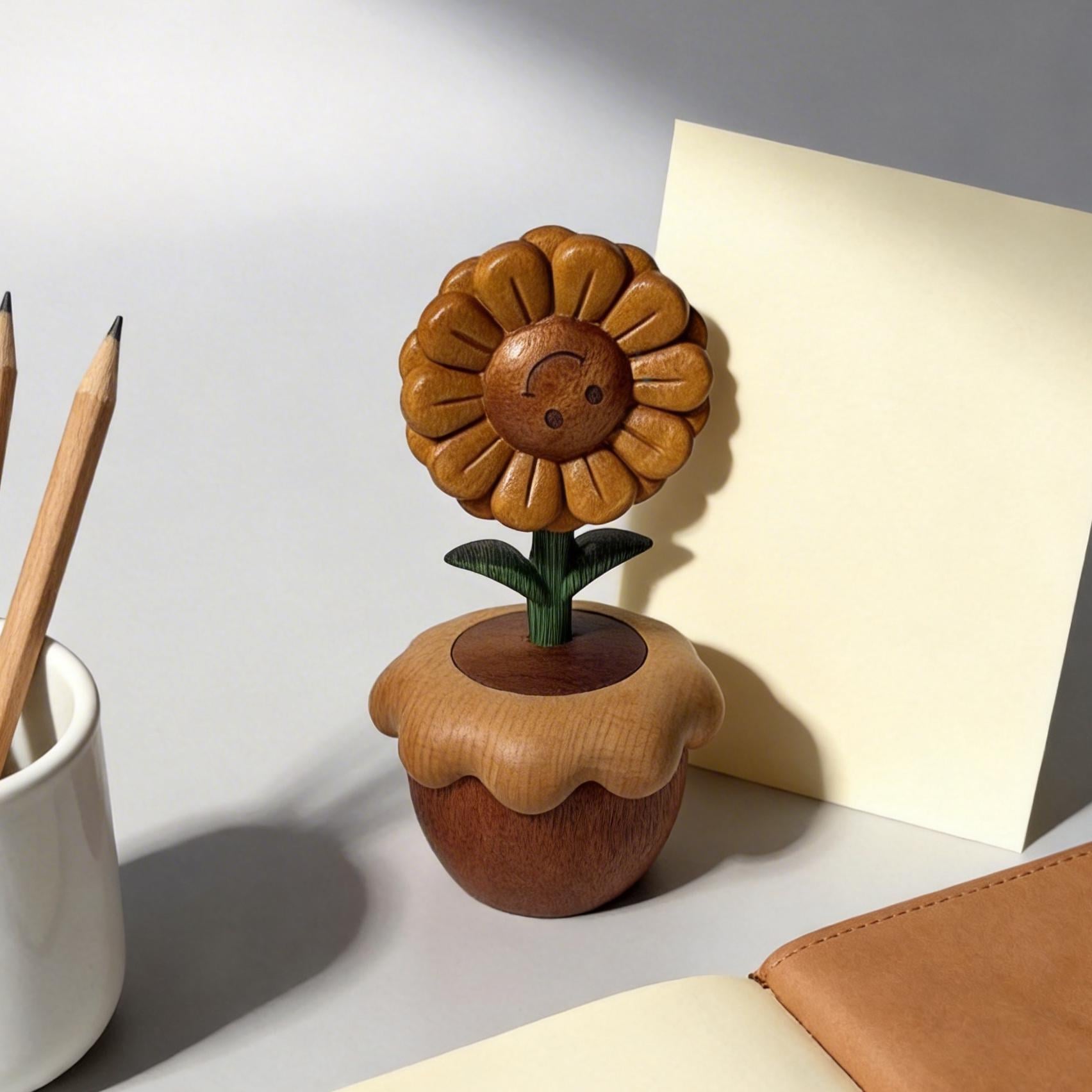 Wooden Sunflower Music Box Hand Carved Smiling Flower Figurine Nursery Decor Unique