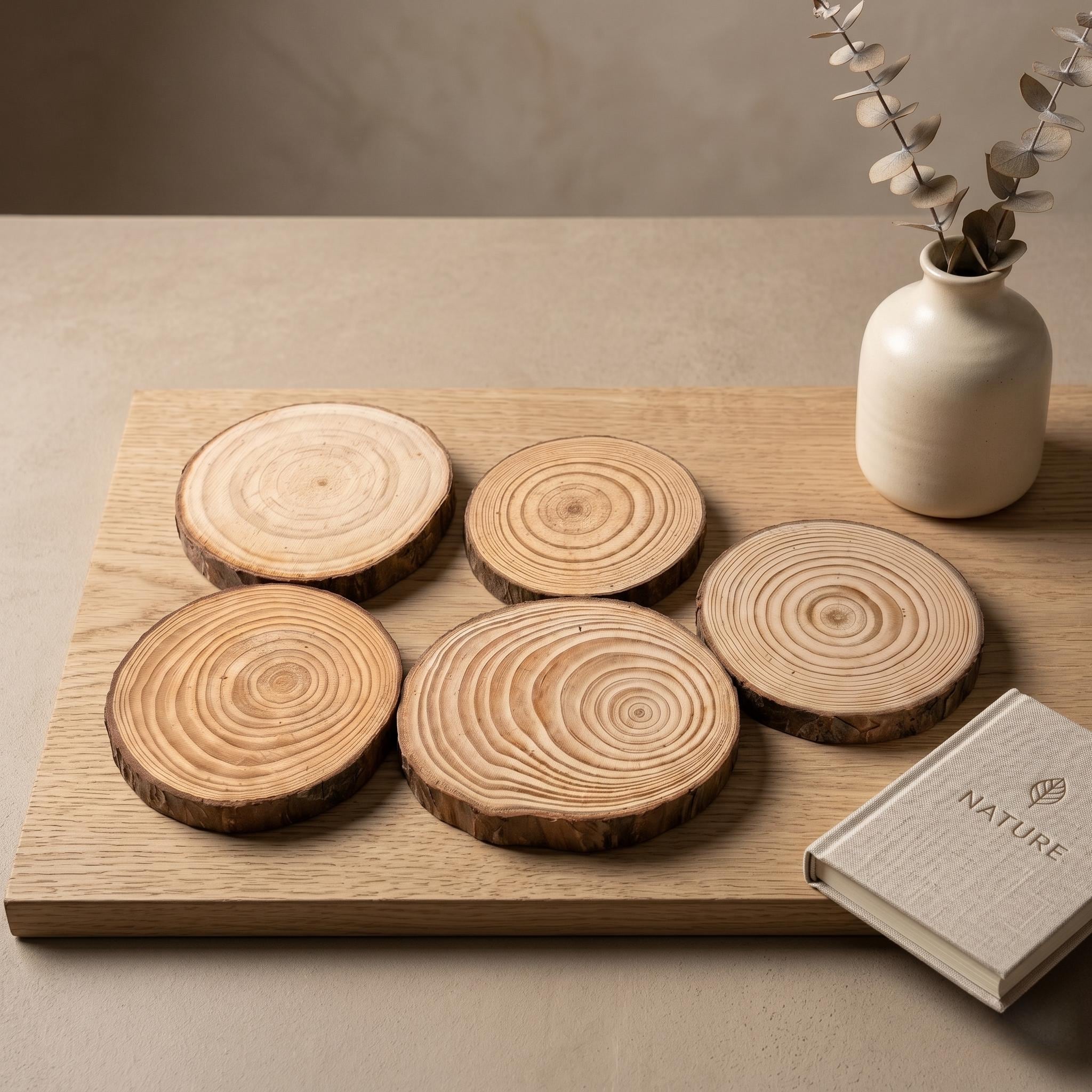 Rustic Natural Wood Slice Display Bases Set of 5 Mini Tree Ring Stands for Animal Ca