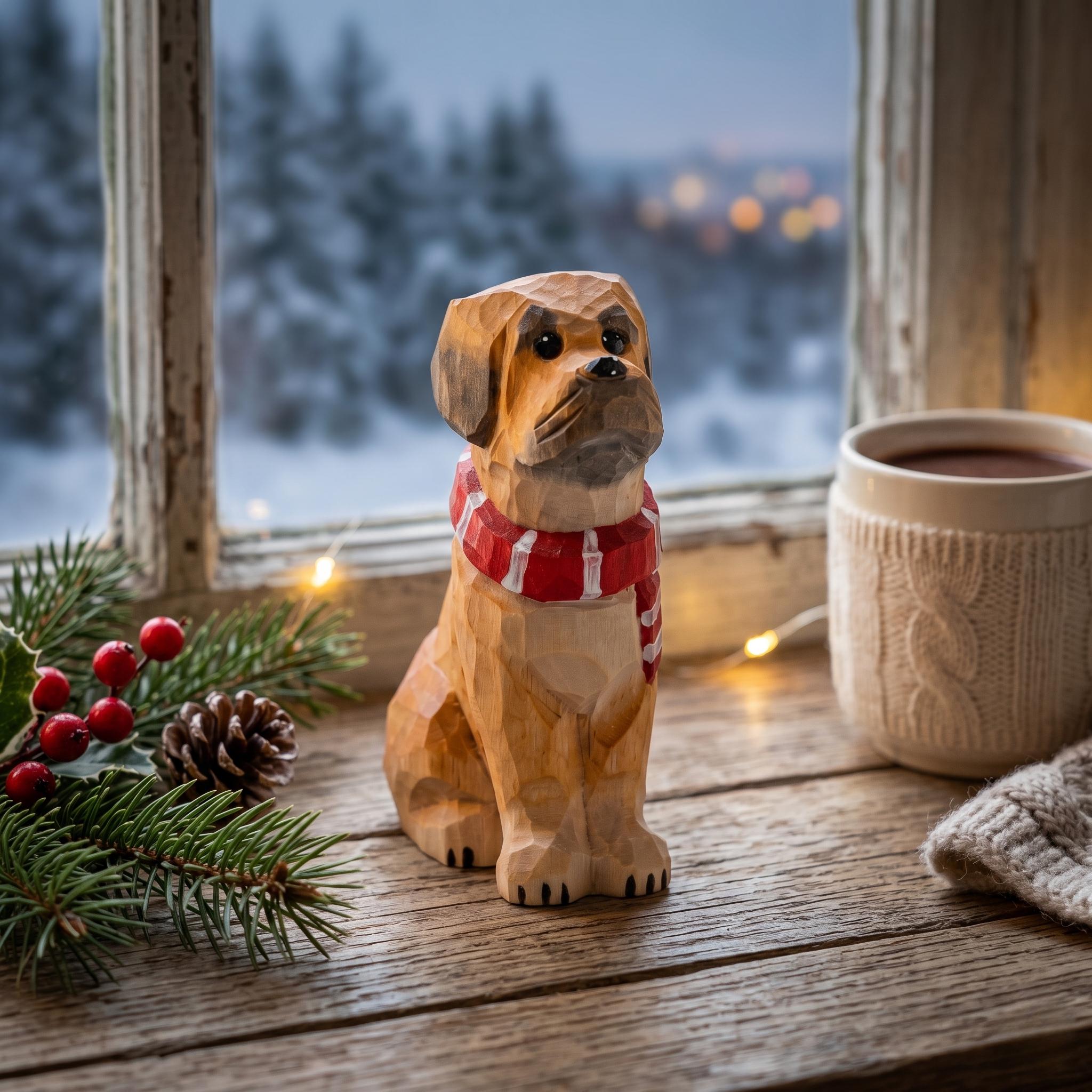 Cozy Hand Carved Wooden Dog Figurine Winter Decor Animal Sculpture Shelf Sitter Dog