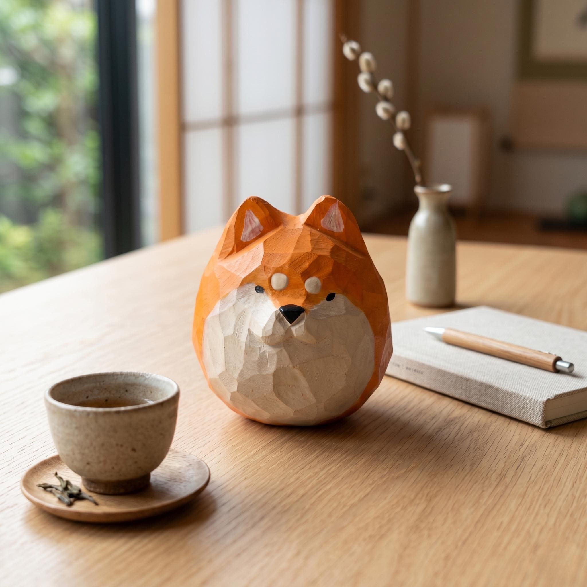Chubby Shiba Inu Wood Carving Cute Dog Desk Decor Miniature Wooden Animal Figurine K