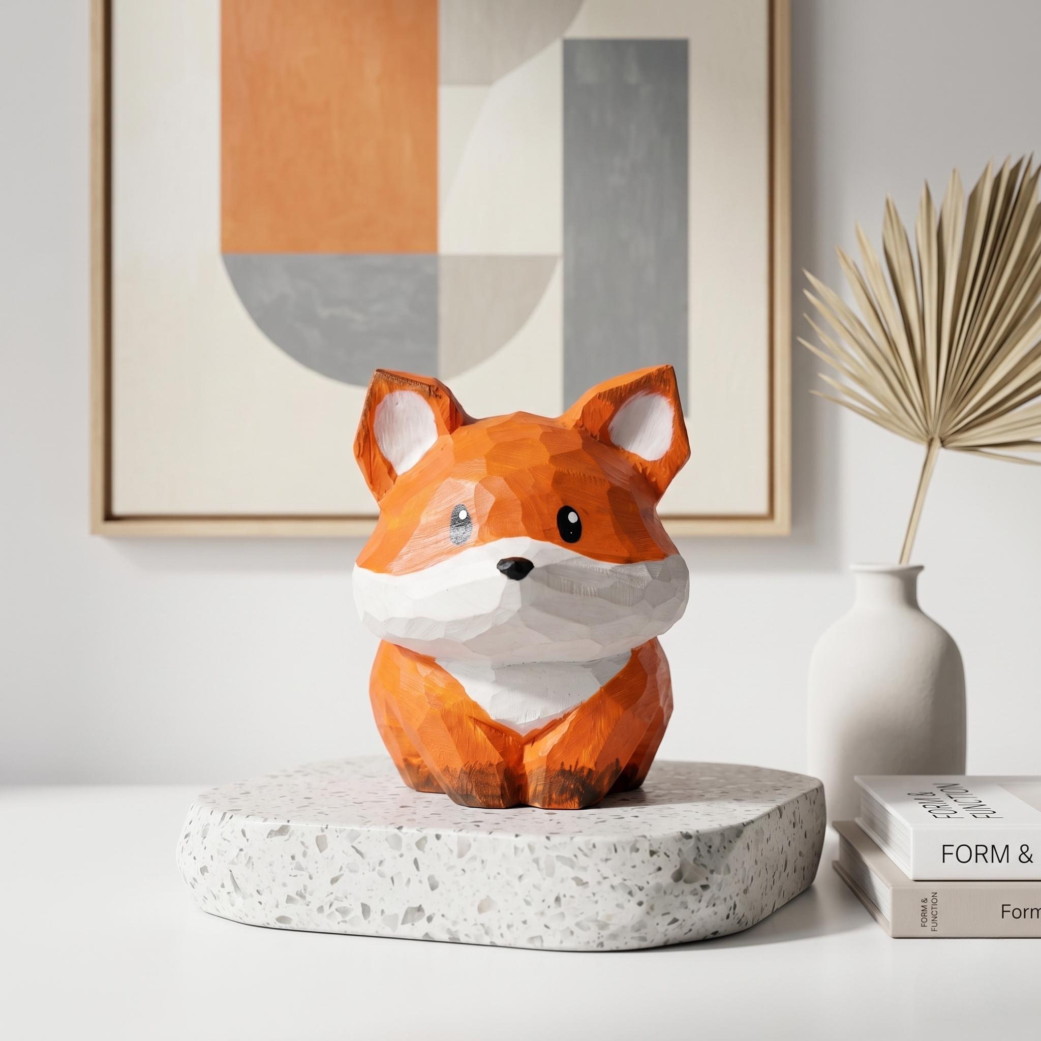 Wooden Fox Figurine Geometric Woodland Nursery Decor Hand Carved Animal Art Unique G