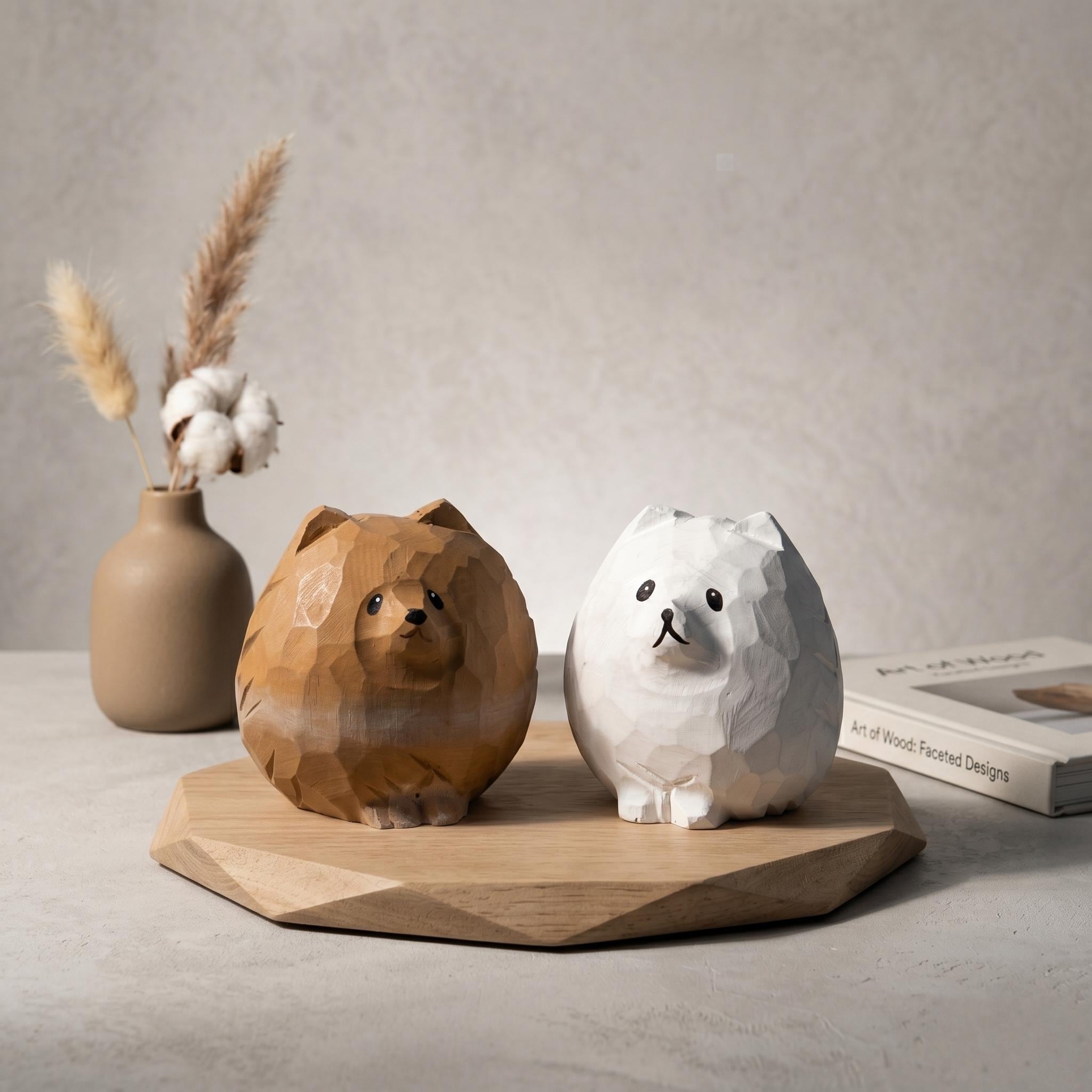 Wooden Pomeranian Figurine Faceted Dog Statue Minimalist Pet Art Hand Carved Puppy D