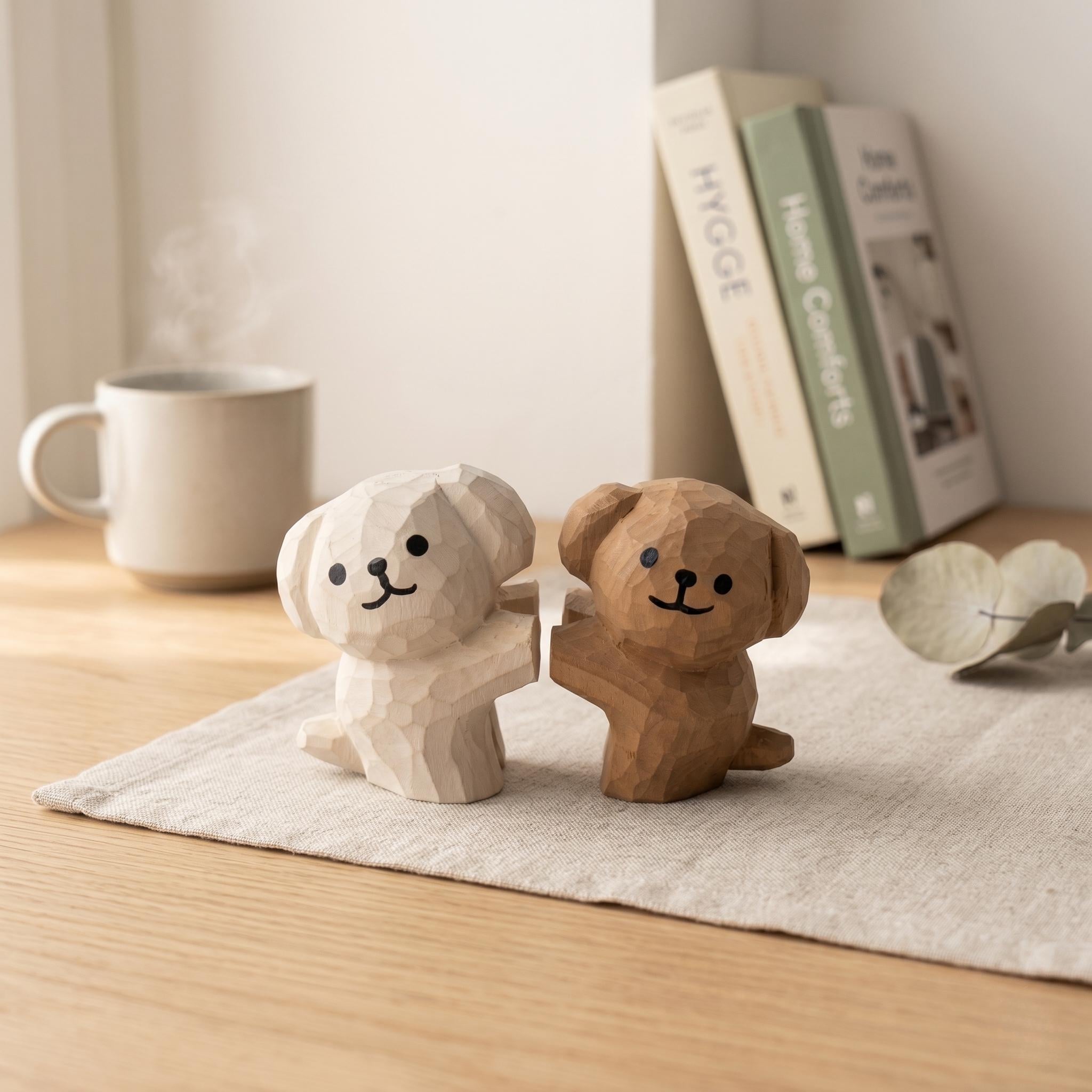 Hand Carved Wooden Dog Couple Figurines Cute Puppy Desk Decor Friendship Gift for Pe
