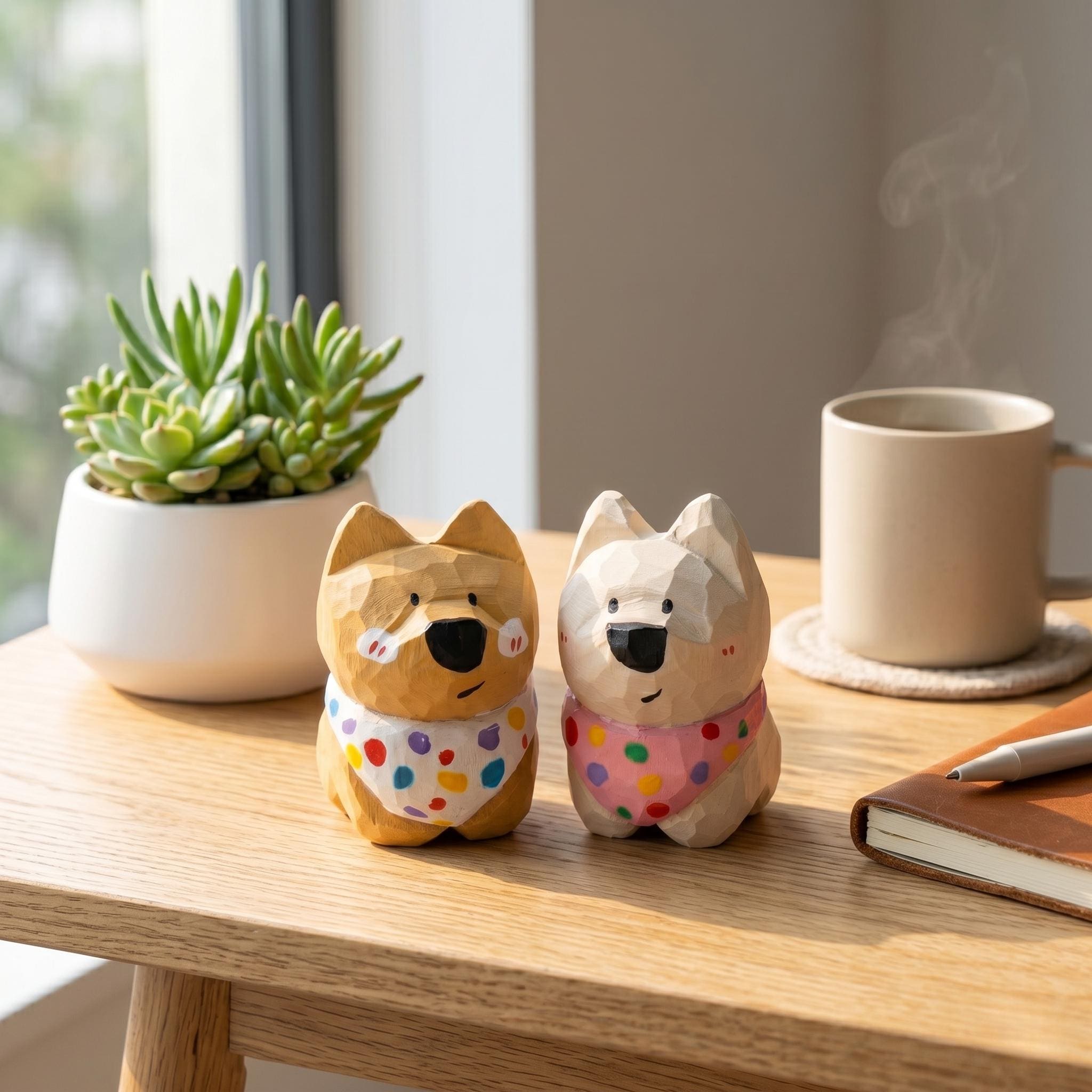 Kawaii Wooden Dog Carving Cute Puppy Figurine Whimsical Desk Decor Pet Lover Gift Ha
