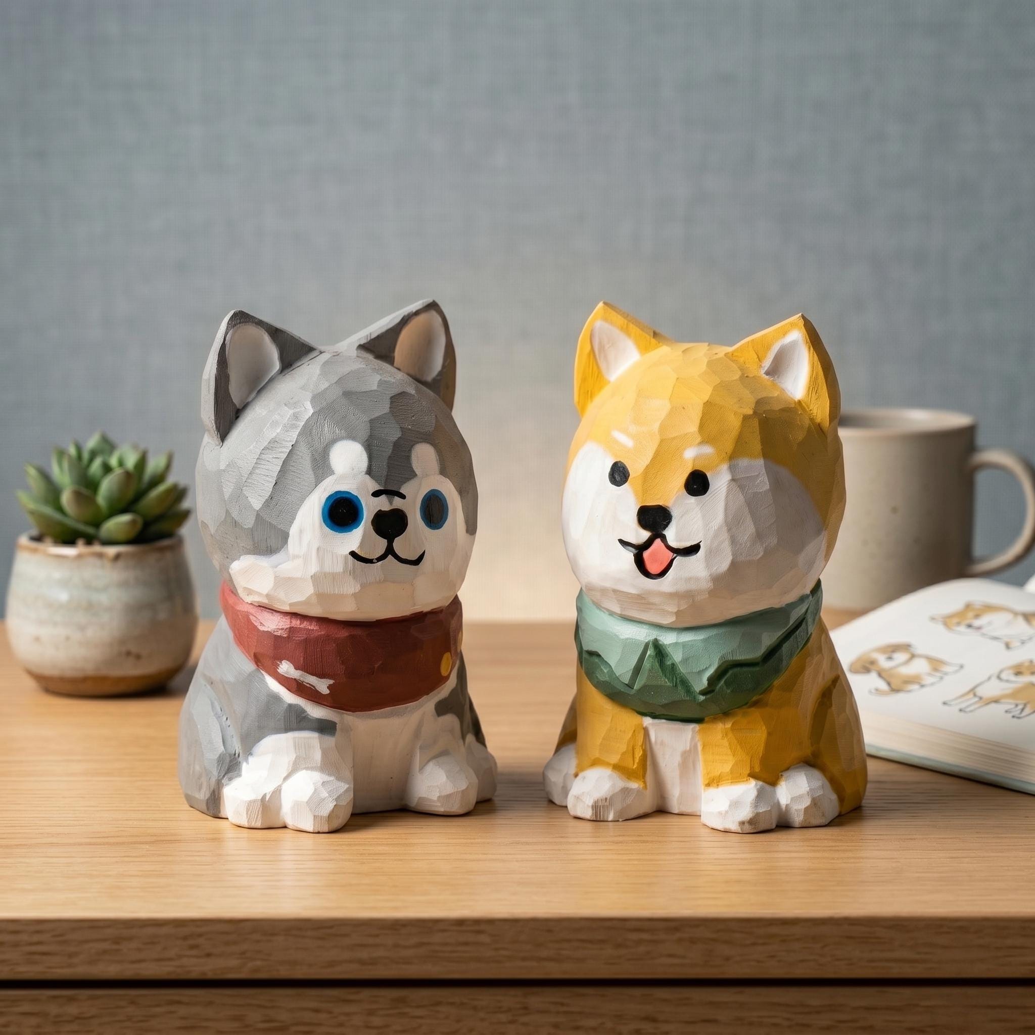 Wooden Dog Figurine Hand Carved Husky Shiba Inu Desk Pet Cute Puppy Decor Unique Gif