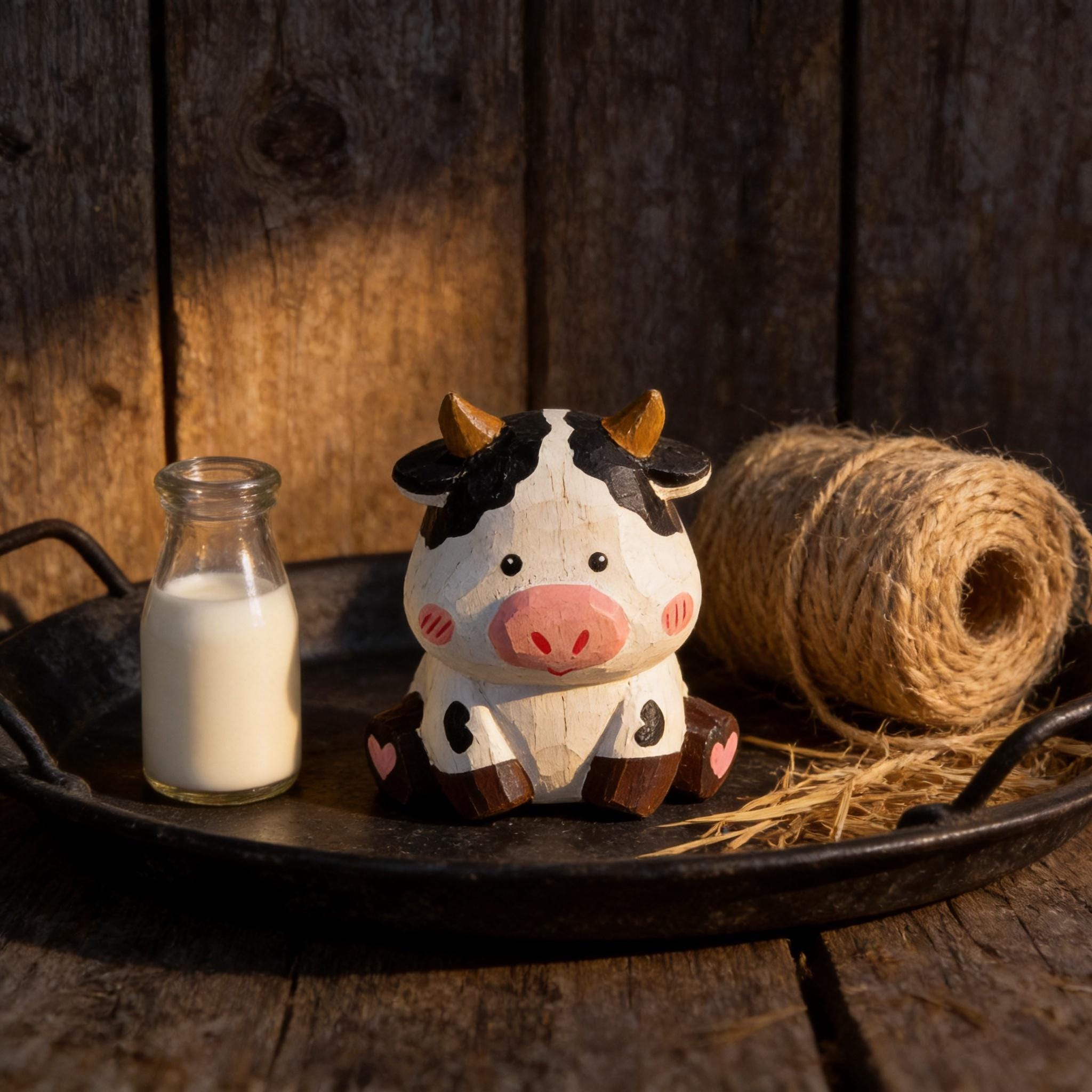 Wooden Cow Figurine Hand Carved Miniature Animal Small Desk Decor Farmhouse Accent K