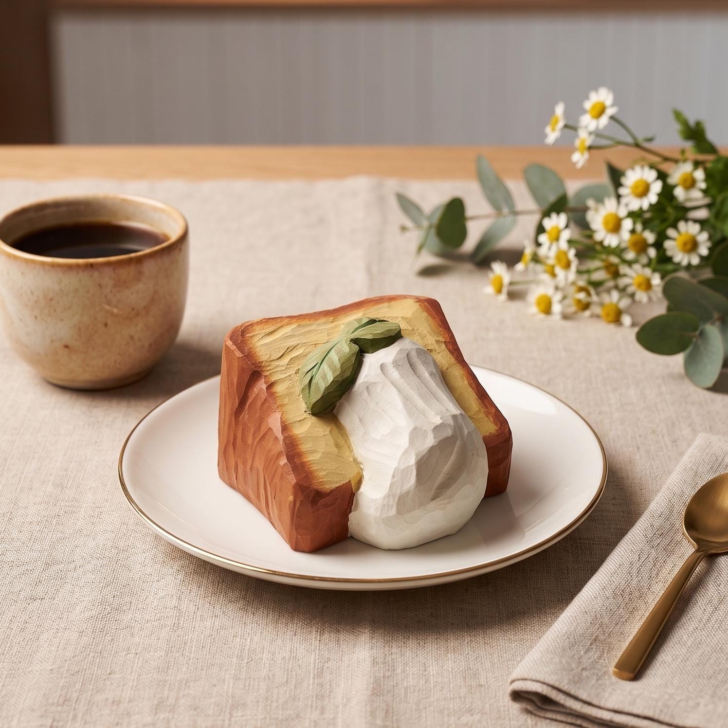 Wooden Ice Cream Toast Figurine Miniature Food Art Hand Carved Fake Dessert Sweet De