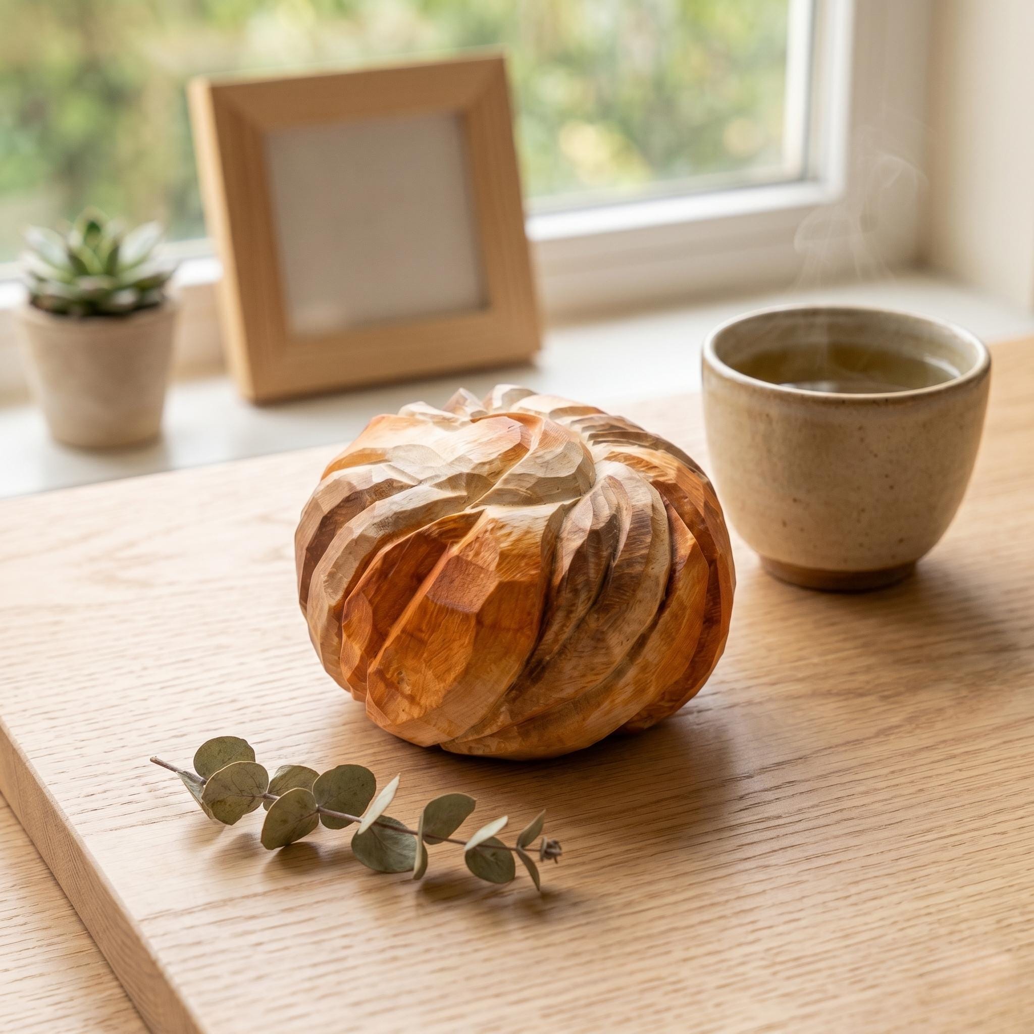 Carved Wooden Bread Bun Faux Food Desk Decor Hand Whittled Pastry Art Cute Kitchen O
