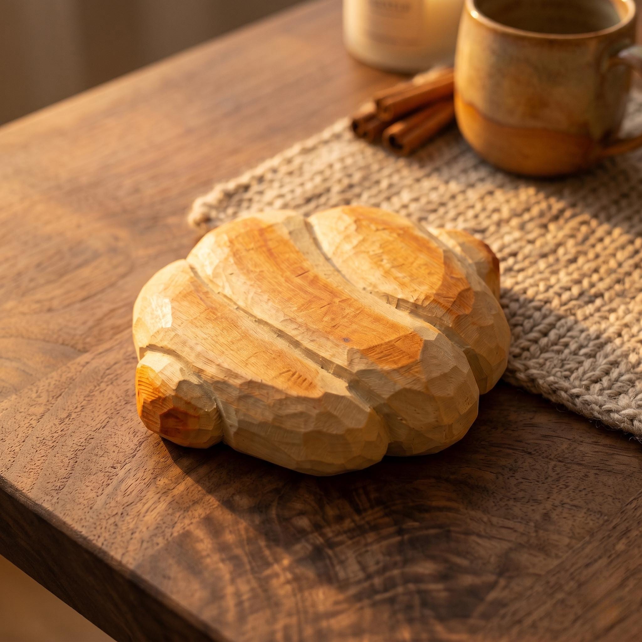 Rustic Wooden Concha Bread Hand Carved Fake Food Decor Miniature Pastry Art Unique G