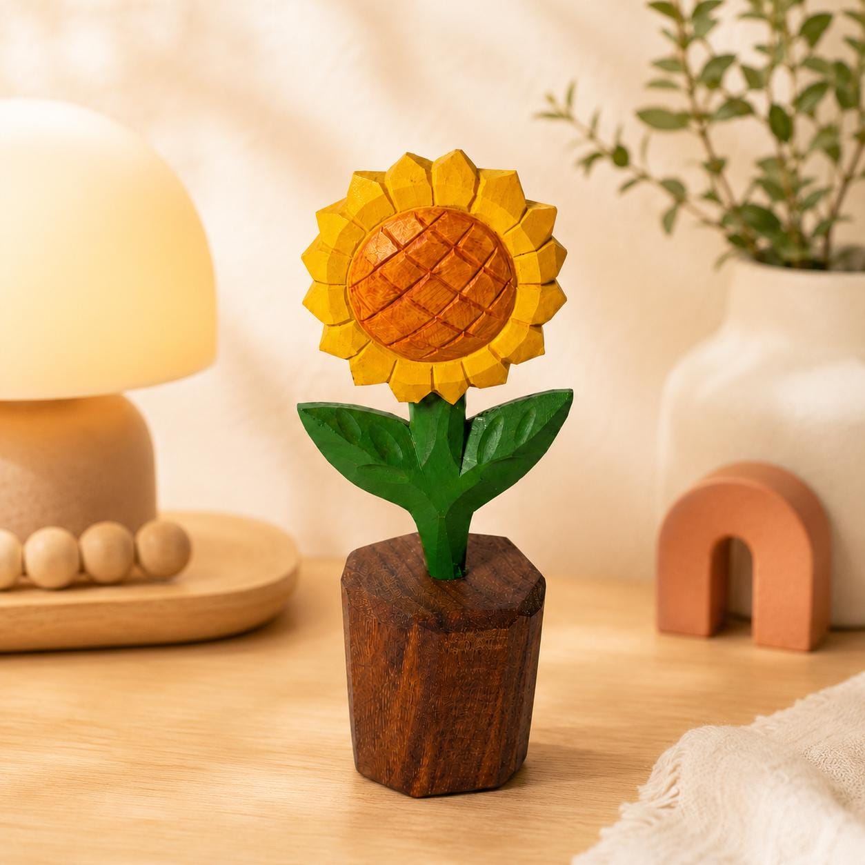 Cheerful Wooden Sunflower Carving Hand Painted Floral Desk Decor Whimsical Flower Fi