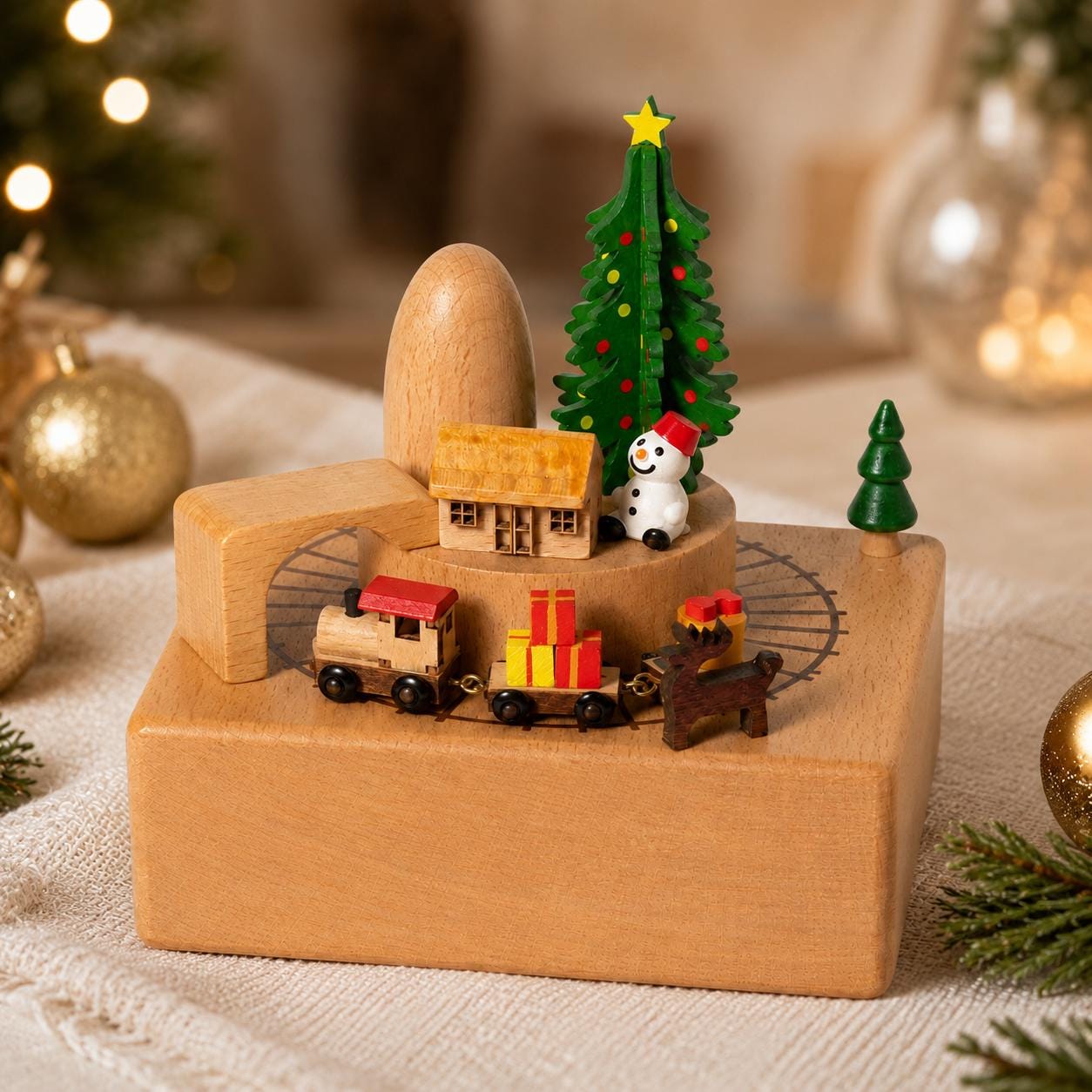 Wooden Christmas Music Box Magnetic Moving Train Holiday Village Decor Festive Keeps