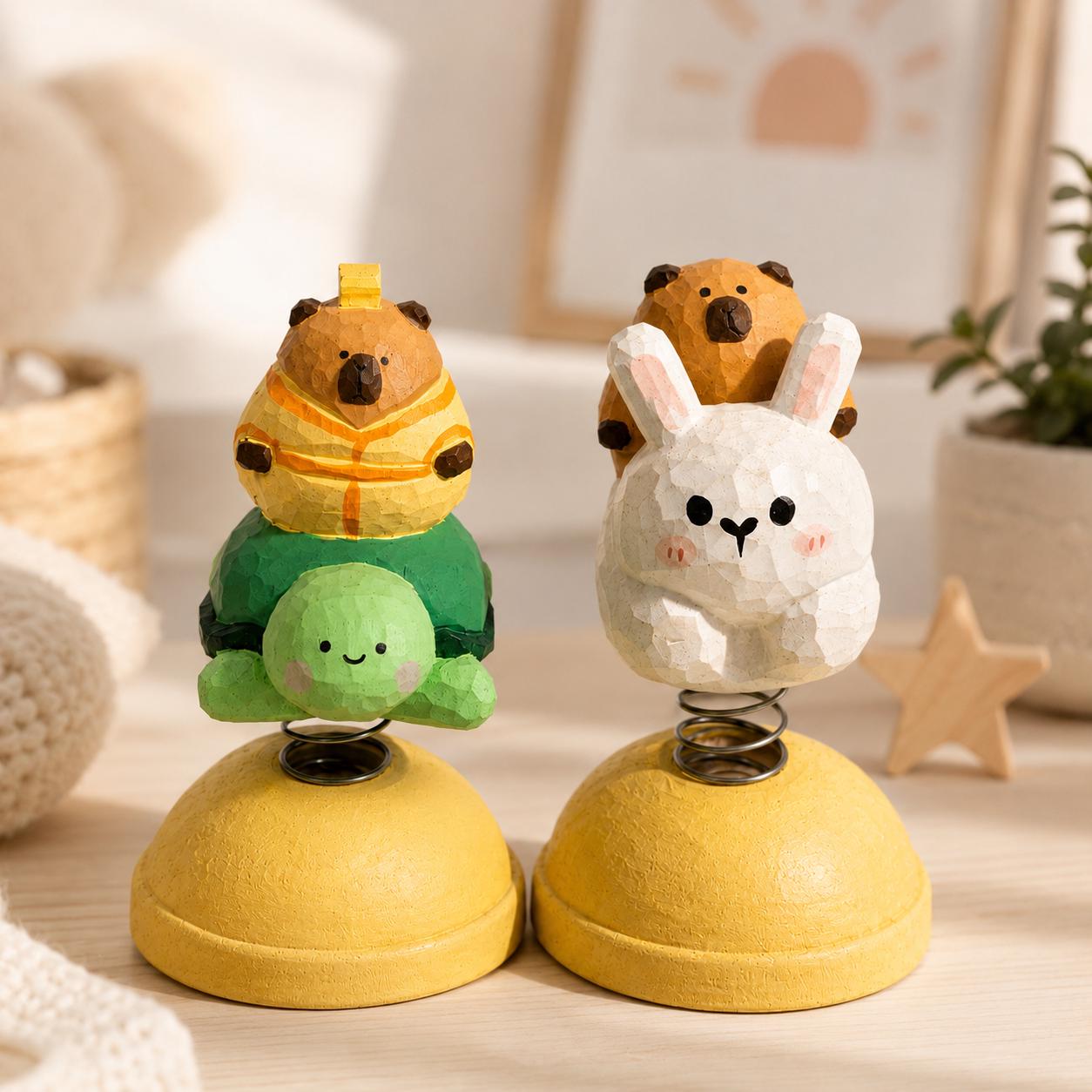 Capybara Spring Bobble Wooden Desk Decor Hand Carved Turtle Rabbit Figurine Cute Off