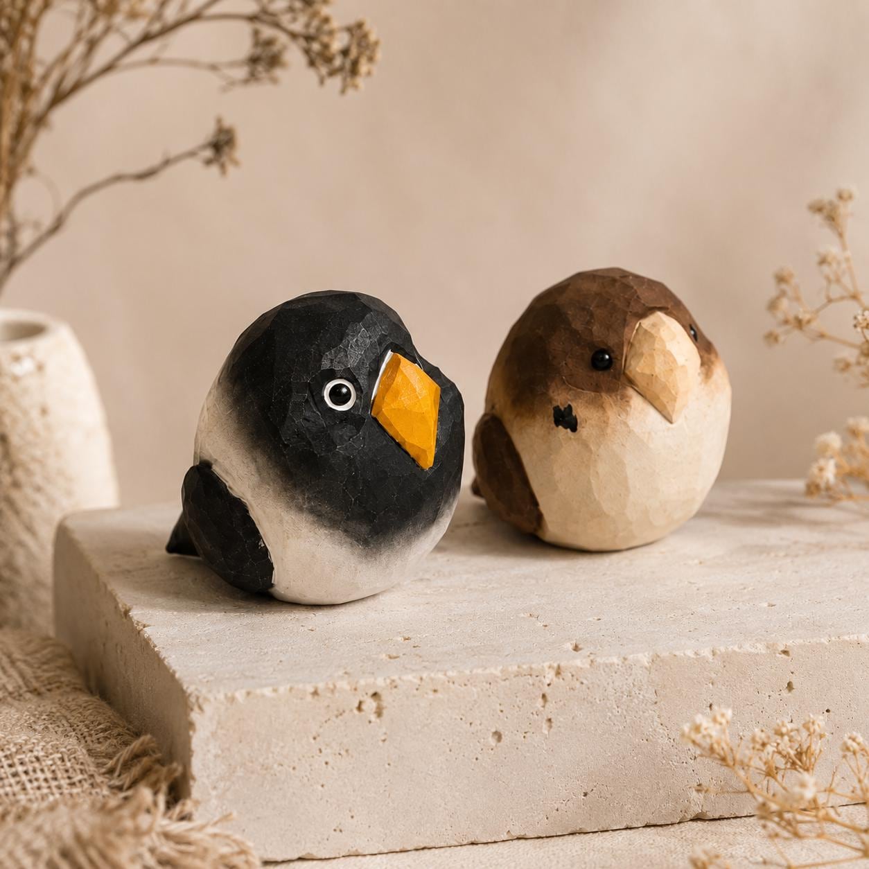 Chubby Wooden Bird Figurine Hand Carved Wood Sparrow Desk Pet Cute Animal Shelf Deco