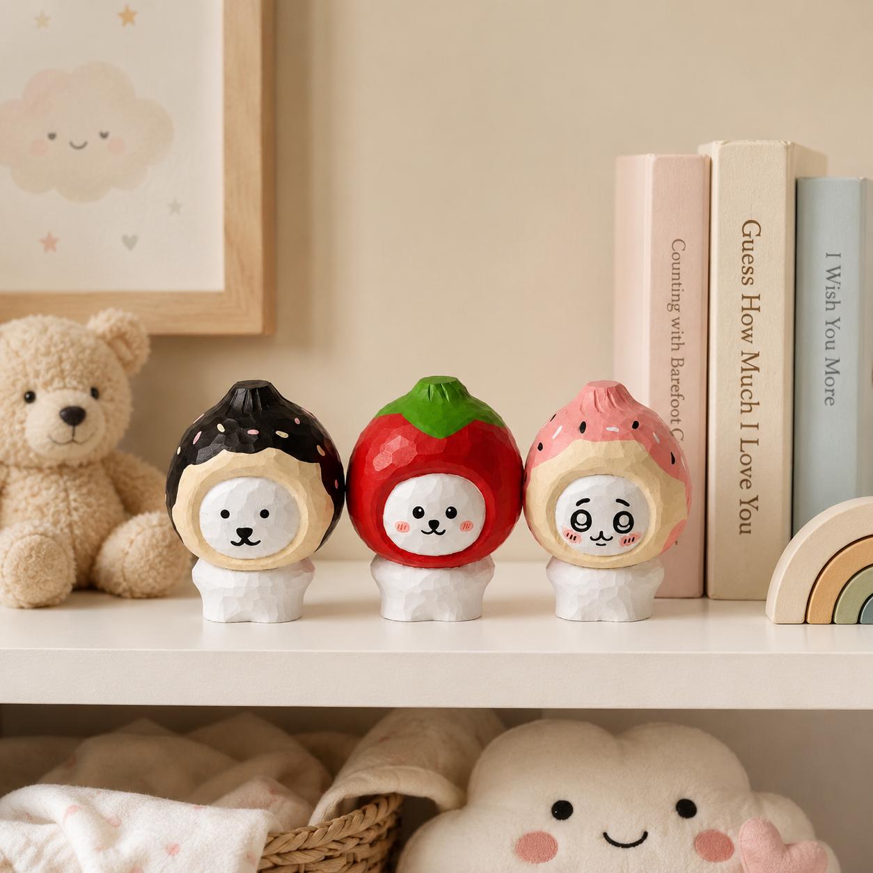 Wood Carved Food Animal Figurines Kawaii Desk Decor Cute Donut Strawberry Pet Sculpt