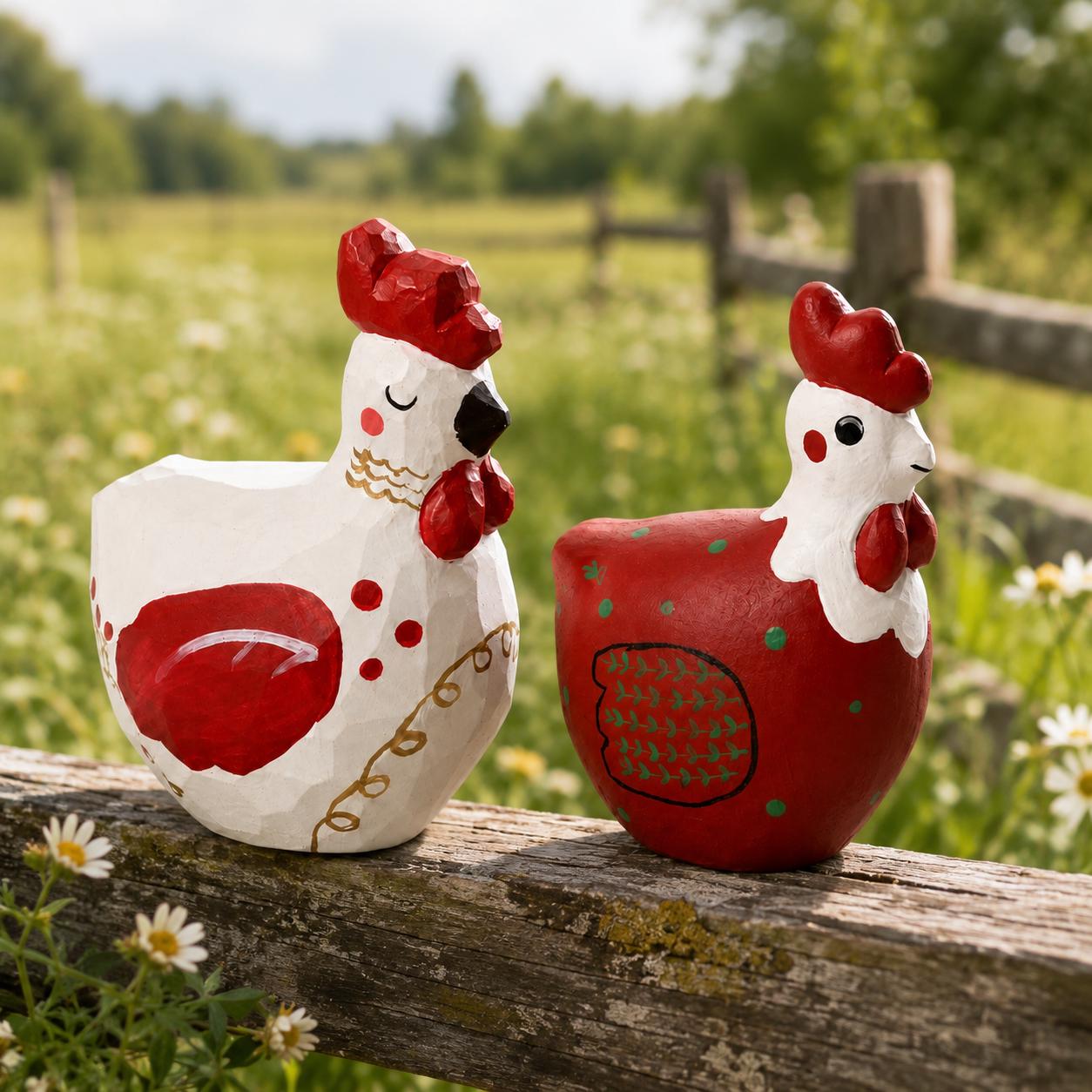Wooden Rooster Figurine Farmhouse Decor Hand Carved Chicken Folk Art Shelf Sitter Ho