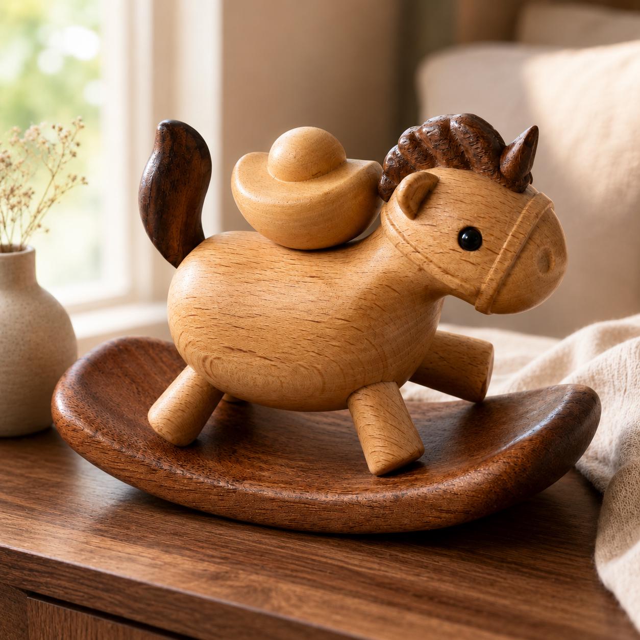 Charming Wooden Rocking Horse Figurine Handmade Wood Pony Decor Nursery Room Decorat