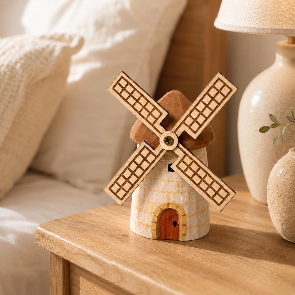 Wooden Windmill Desktop Decor Hand Carved Spinning Toy Rustic Home Decor Housewarmin