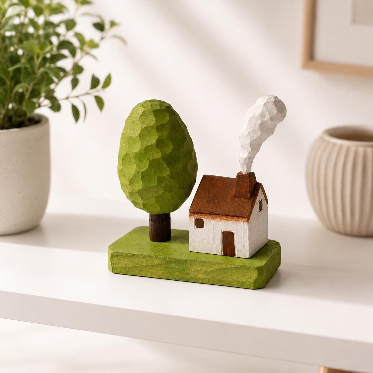 Cozy Wooden House Miniature Hand Carved Wood Tree Diorama Rustic Shelf Decor New Hom