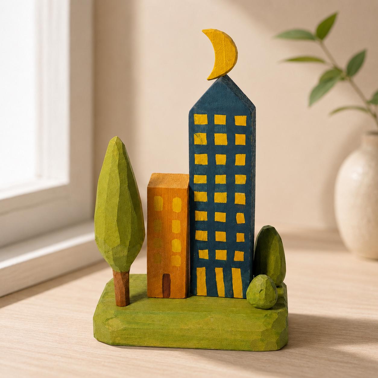 Wooden Cityscape Folk Art Miniature Town Crescent Moon Night Decor New Home Gift