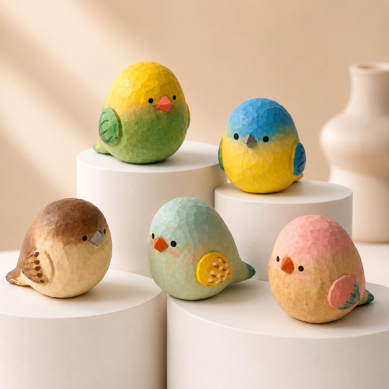 Chubby Wooden Bird Figurine Hand Carved Animal Desk Decor Pastel Nursery Art Cute Wo