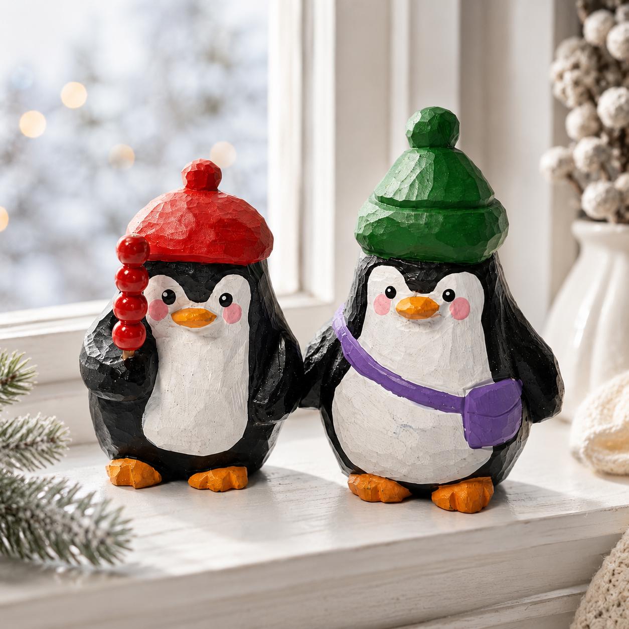Wooden Penguin Figurine Set Hand Carved Animal Decor Winter Desk Ornament Cute Coupl