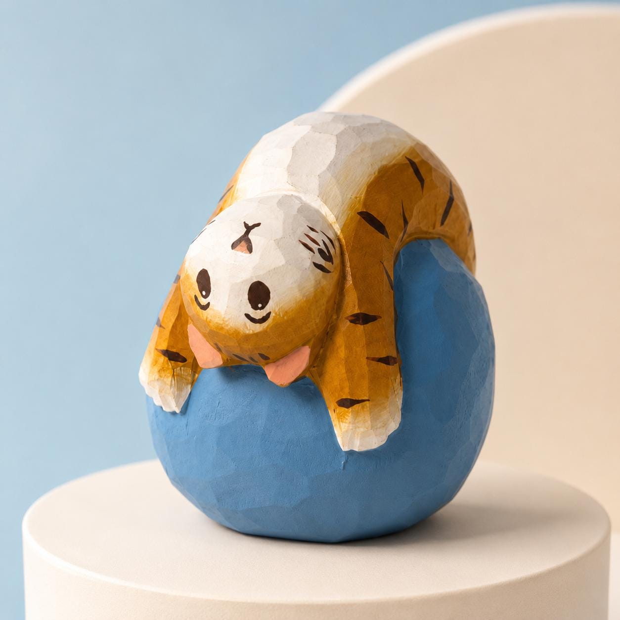 Orange Tabby Cat on Blue Ball Wood Carving Cute Desk Decor Handmade Feline Figurine