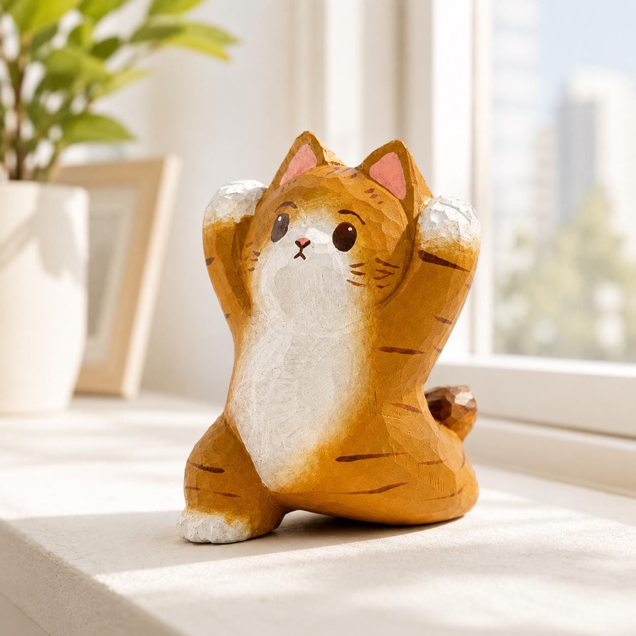 Stretching Cat Wood Carving Cute Orange Tabby Figurine Desk Decor Unique Gift for Ca