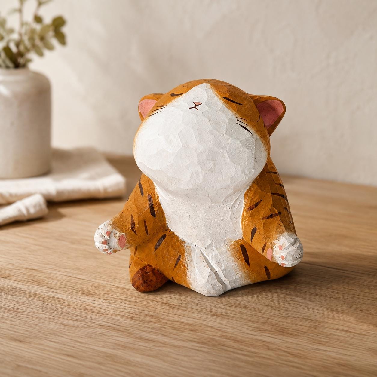 Zen Meditating Orange Tabby Cat Wood Carving Desk Decor Mindfulness Gift for Cat Lov