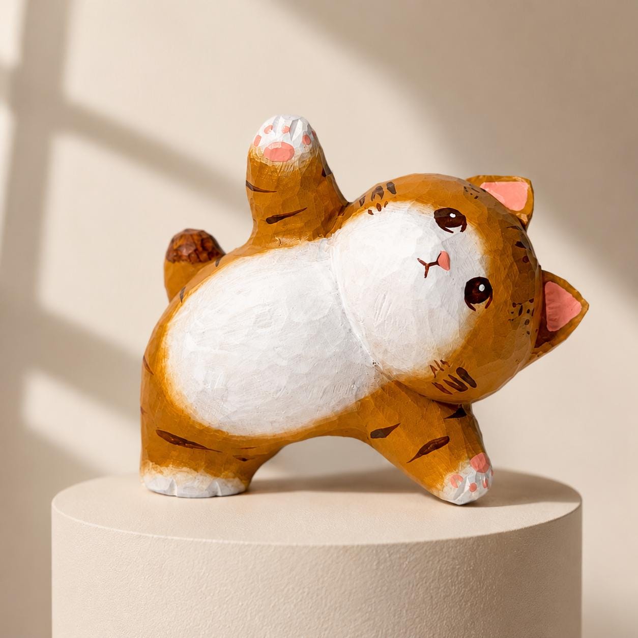 Playful Orange Tabby Cat Wooden Figurine Hand Carved Wood Kitty Statue Desktop Decor