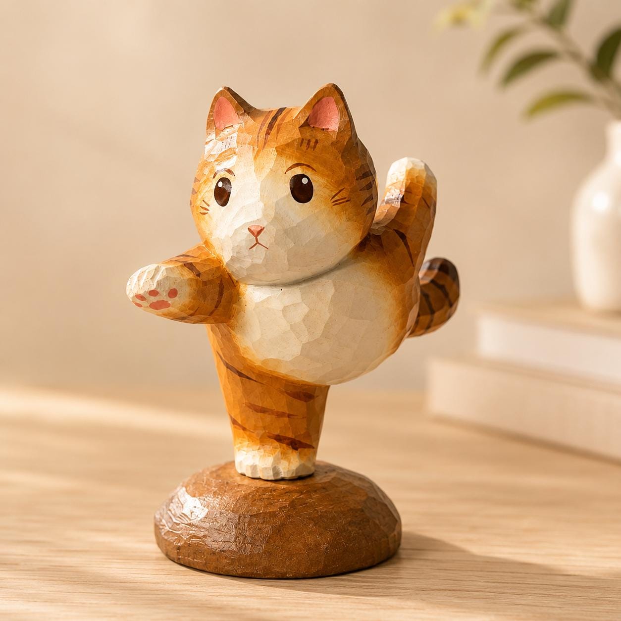 Yoga Cat Wood Carving Playful Tabby Figurine Handmade Zen Desk Decor Gift for Cat Lo