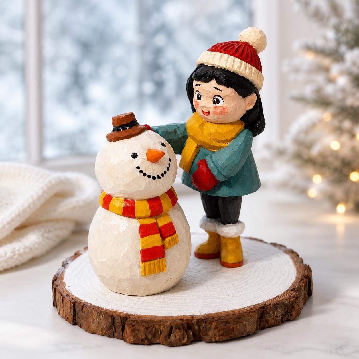 Girl and Snowman Wood Carving Winter Holiday Decor Cute Christmas Table Centerpiece