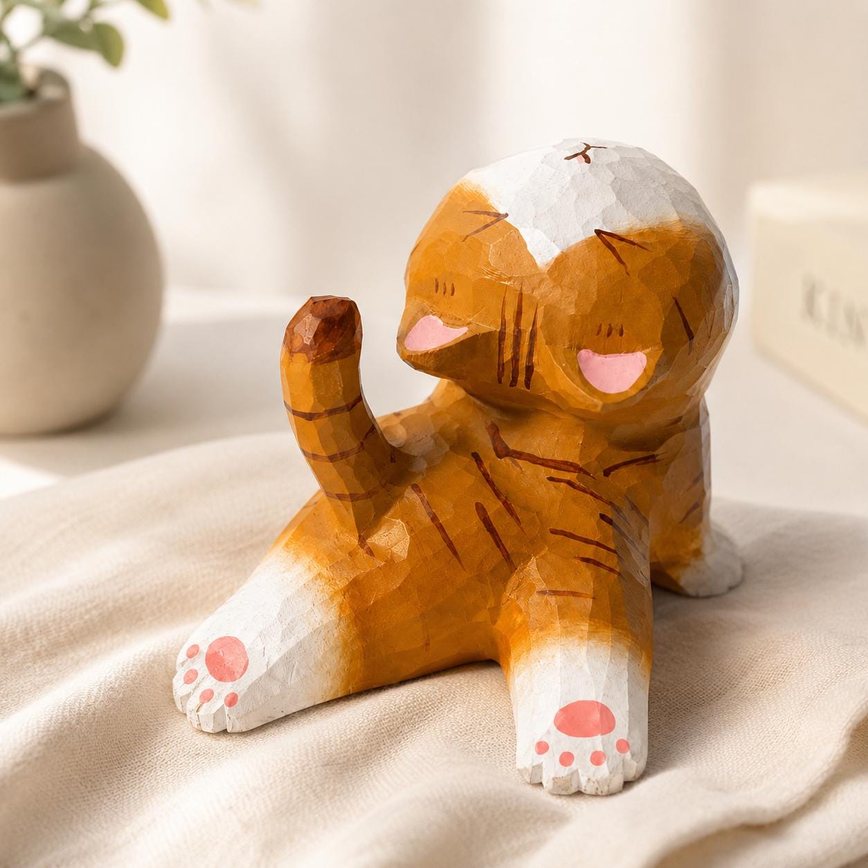 Playful Orange Tabby Cat Wood Carving Stretching Kitten Figure Desk Decor Funny Cat