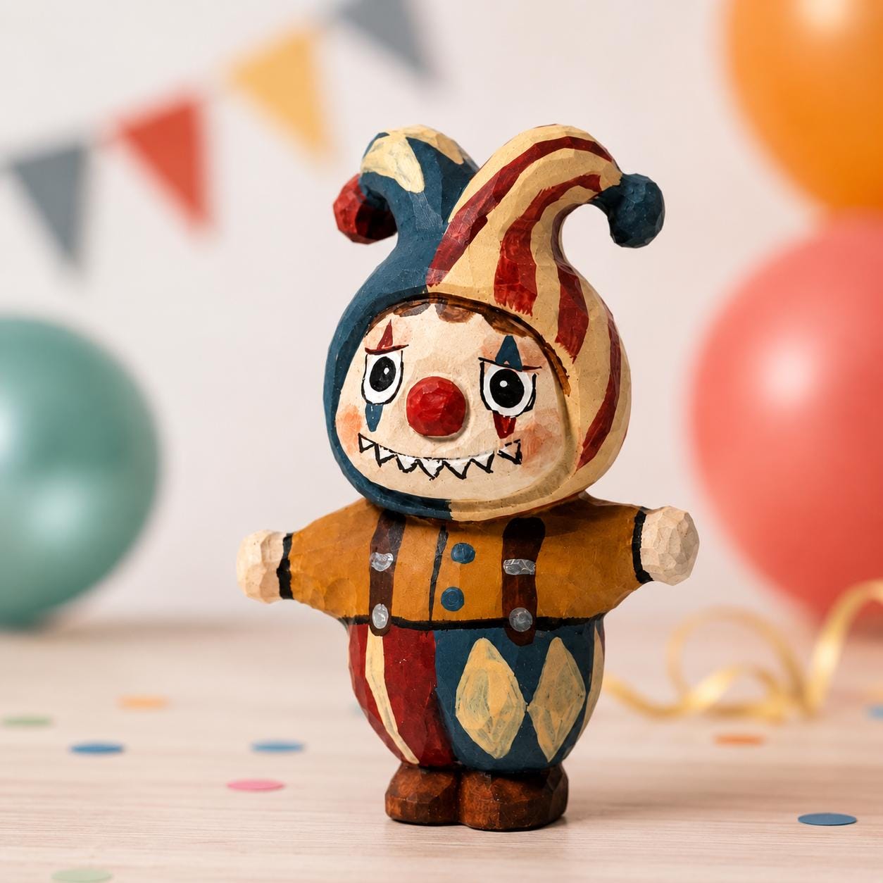 Wooden Jester Figurine Vintage Circus Decor Hand Carved Clown Statue Unique Gift for
