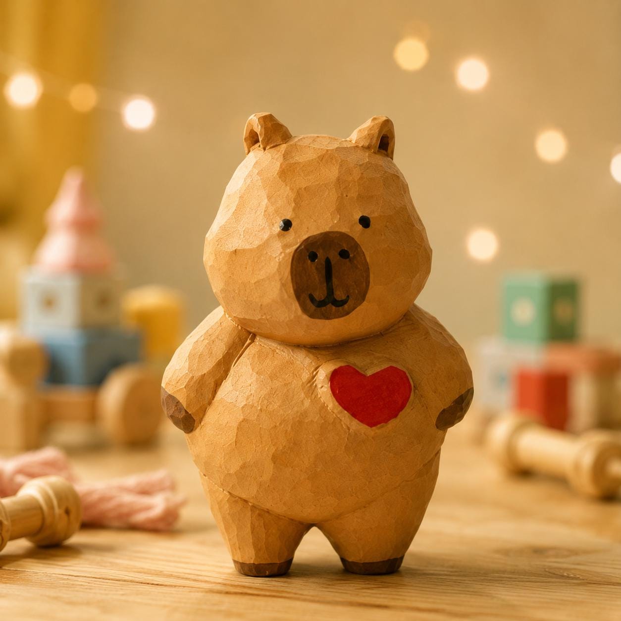 Wooden Bear Figurine Hand Carved Animal With Red Heart Rustic Nursery Decor Romantic