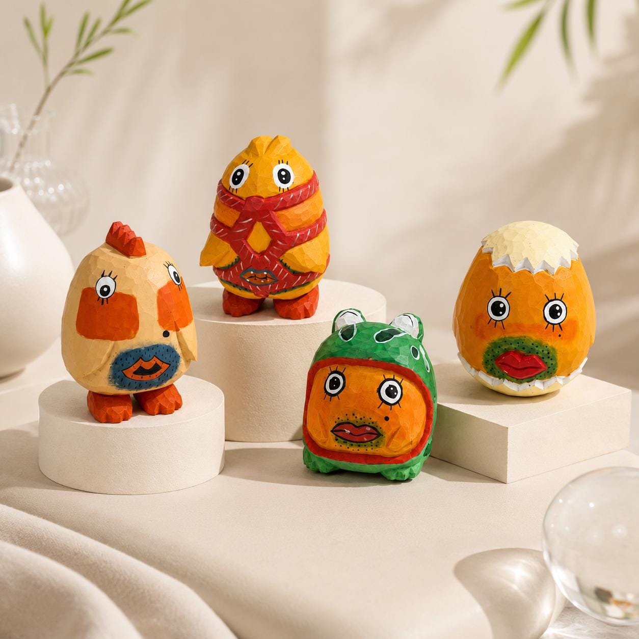 Quirky Wooden Egg Animal Figurine Hand Carved Desk Decor Funny Art Toy Unique Gag Gi