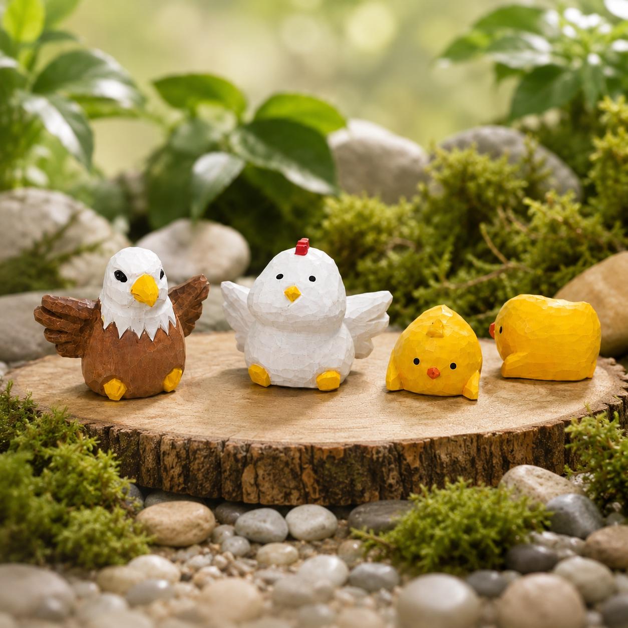 Playful Wooden Eagle and Chicks Set Hand Carved Animal Figurine Nostalgic Childhood