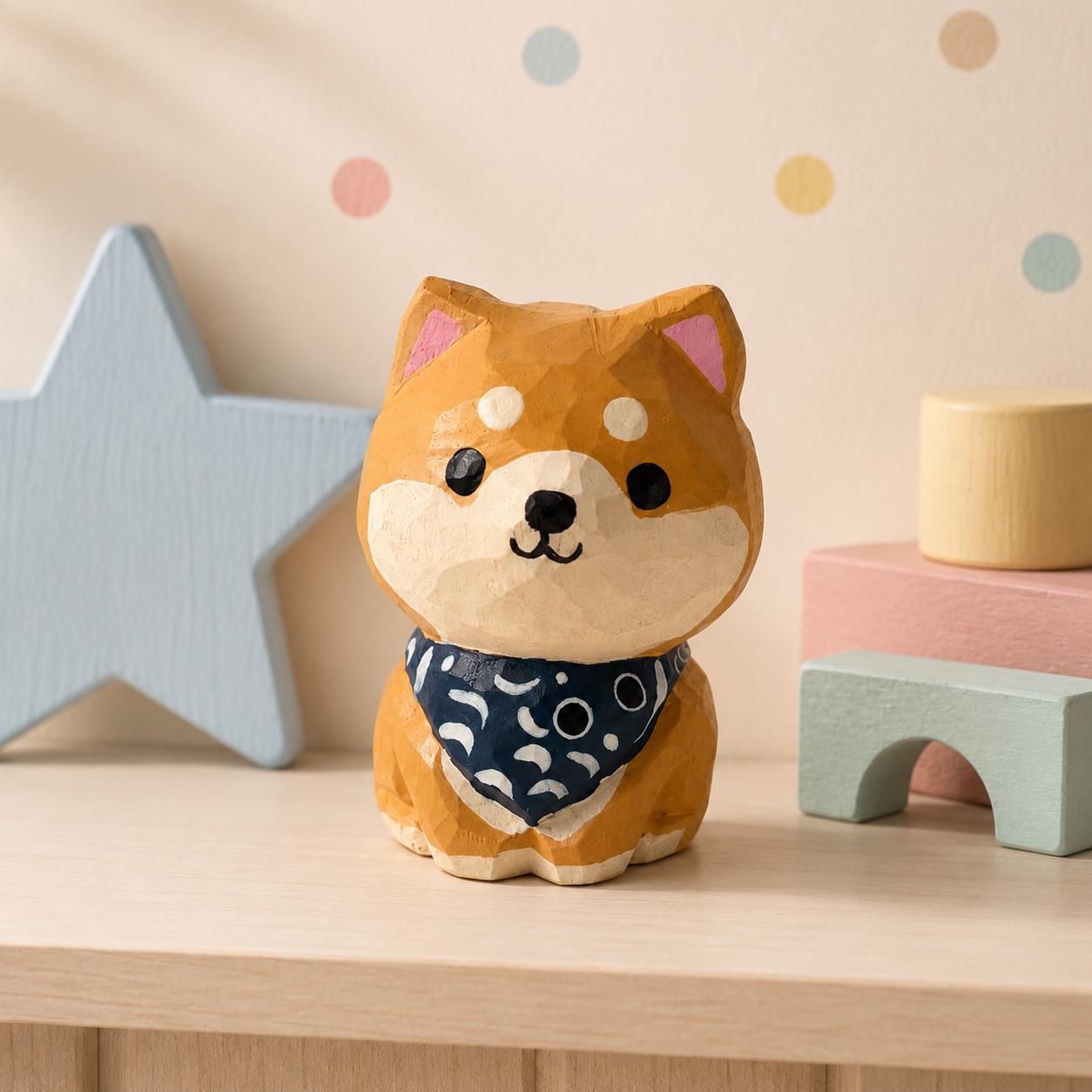 Wooden Shiba Inu Figurine Miniature Dog Carving Desk Decor Pet Lover Gift
