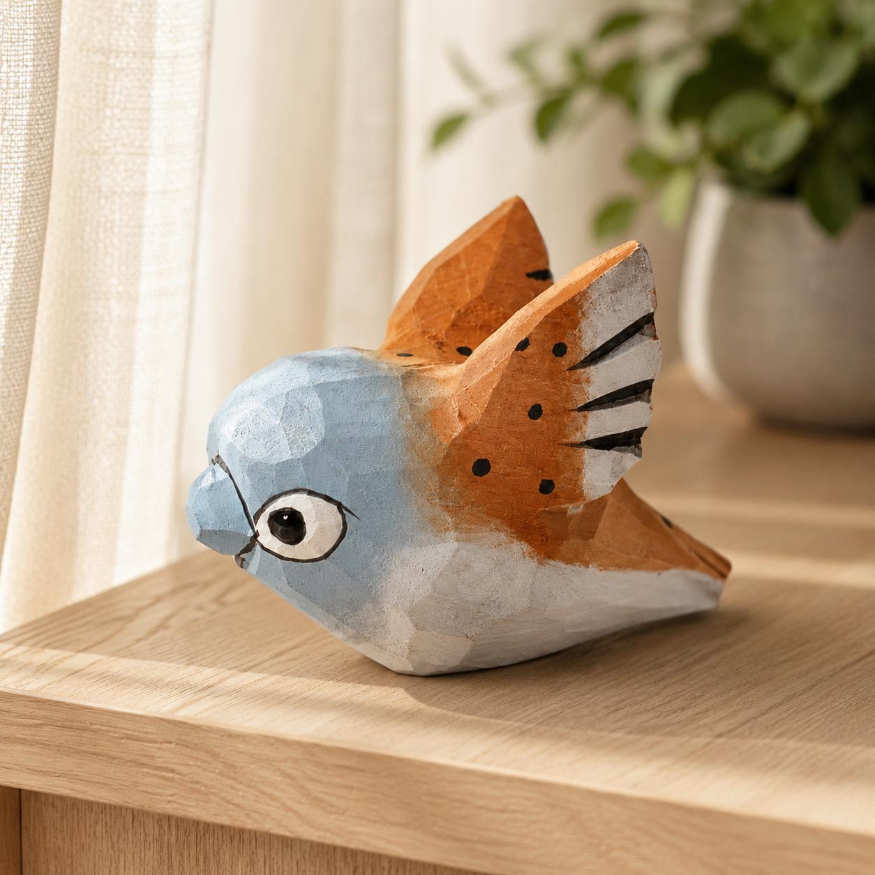 Blue Head Wooden Bird Figurine Hand Carved Animal Art Rustic Cottagecore Decor Cute