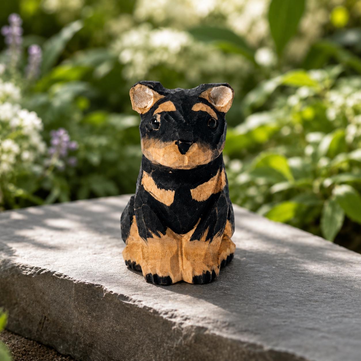Tiny Wooden Rottweiler Figurine Hand Carved Black Dog Desk Decor Rustic Puppy Wood A